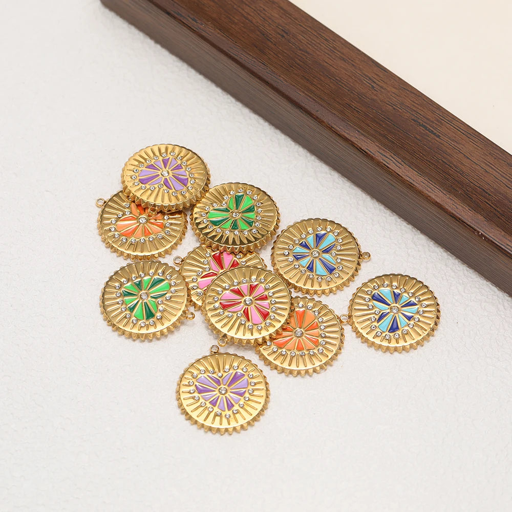 New Selling Stainless Steel 18k Gold Plated Enamel Heart Round Zircon Charm Pendant for Diy Jewelry Making Wholesale
