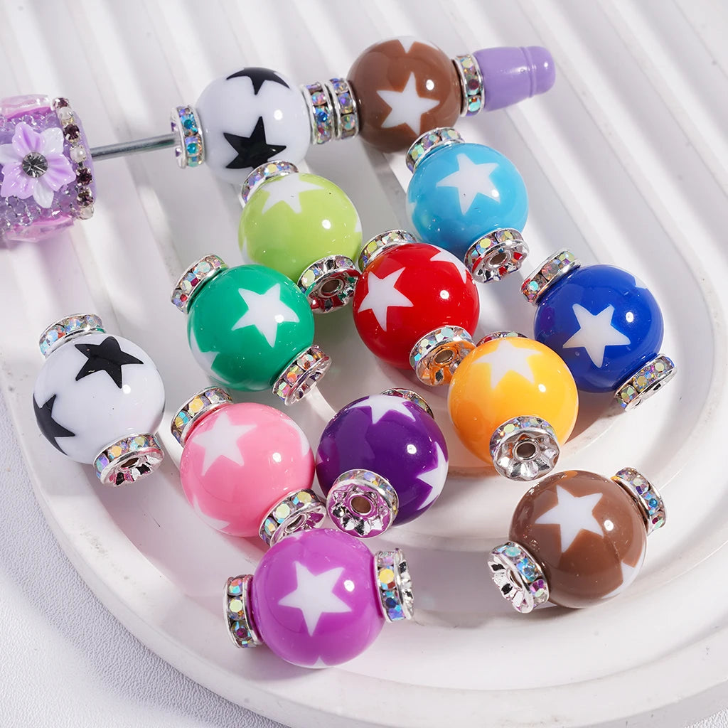 16mm Multi-color Star Prints Acrylic Beads with Silver Alloy Spacer for Trendy DIY Fashion Jewelry Crafting