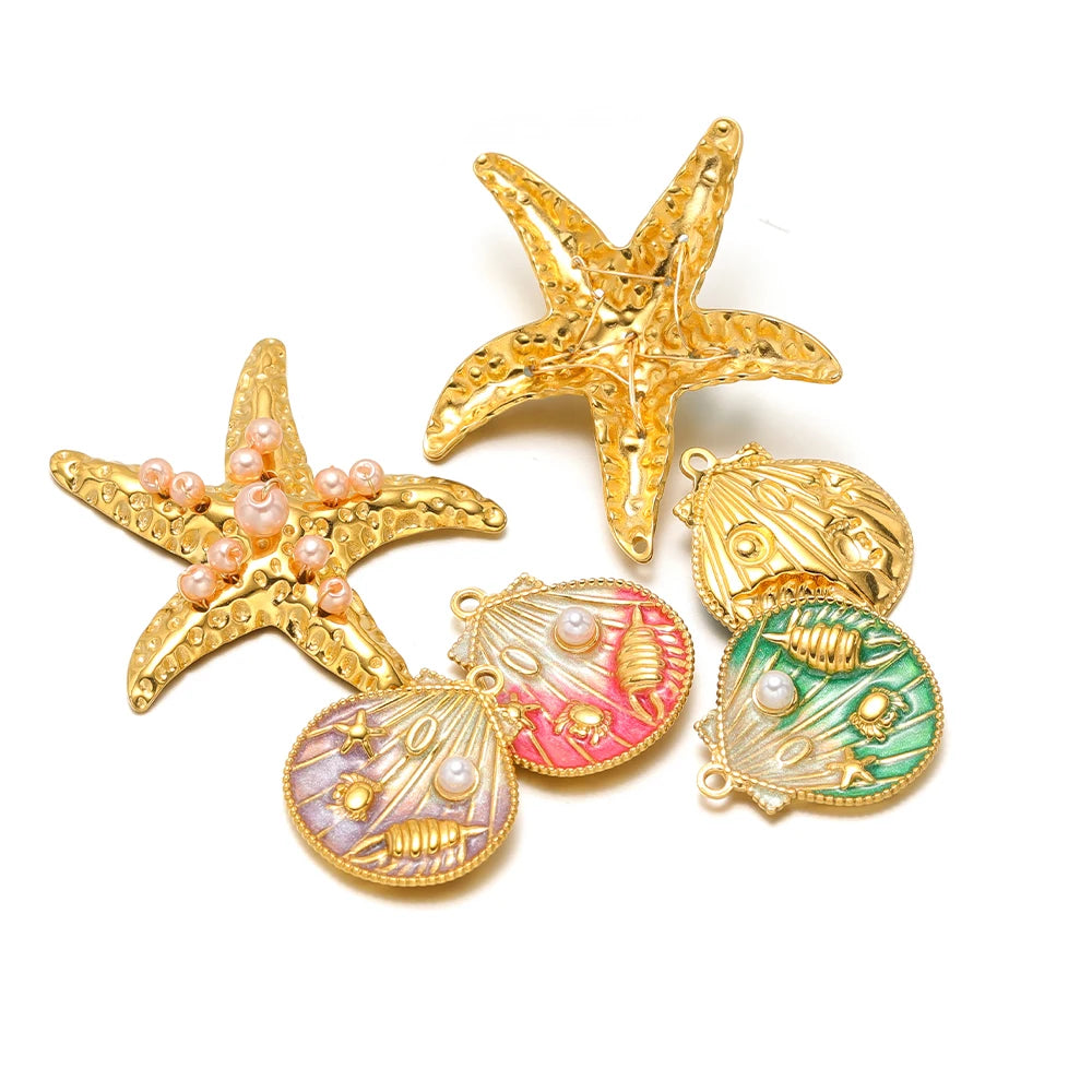 New Arrival 18k Gold Plated Stainless Steel Enamel Starfish Shell Pearl Charm Pendant for Jewelry Making Accessories
