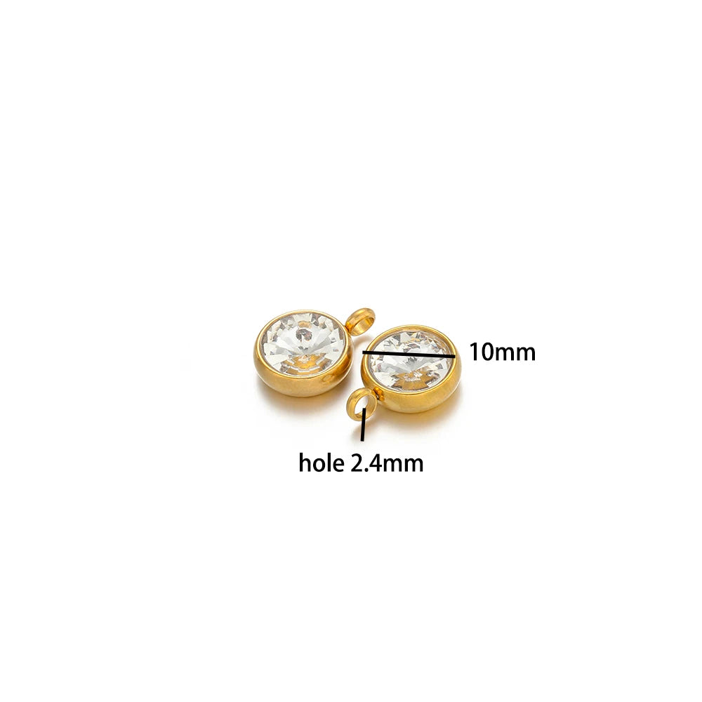 1bag 18K Gold Plated 304 Stainless Steel 10mm Round Crystal Zircon Charm Pendant for Necklace Earrings Making Accessories