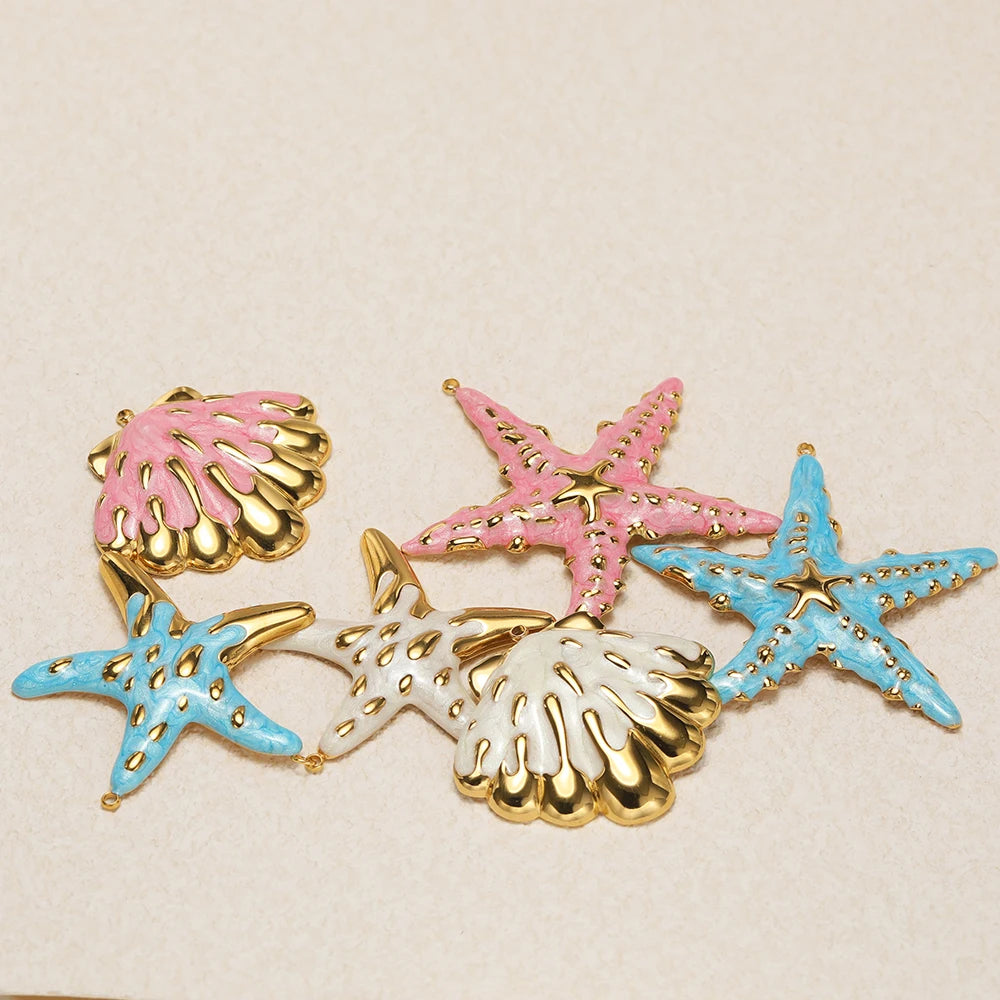 New Ocean Themed Stainless Steel 18k Gold Plated Enamel Shell Starfish Charm Pendant for Diy Jewelry Making Wholesale