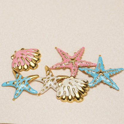 New Ocean Themed Stainless Steel 18k Gold Plated Enamel Shell Starfish Charm Pendant for Diy Jewelry Making Wholesale