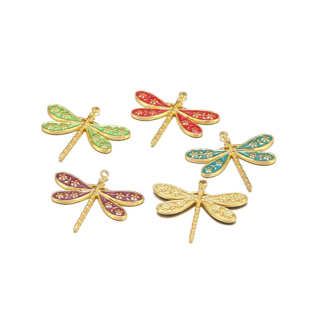 Retro Style Stainless Steel 18k Gold Plated Enamel Dragonfly and Flower Charms Pendant for Jewelry Necklace Making Accessories