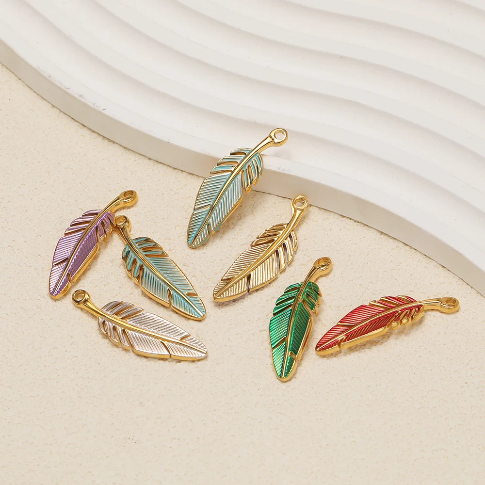 Fashion Stainless Steel 18k Gold Plated Enamel Feather Charm Pendant for Diy Necklace Jewelry Making Wholesale