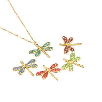 Retro Style Stainless Steel 18k Gold Plated Enamel Dragonfly and Flower Charms Pendant for Jewelry Necklace Making Accessories