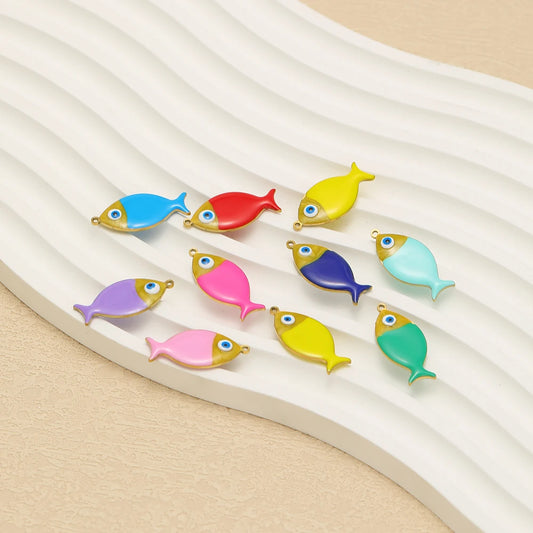 5pcs/bag Children's 18k Gold Plated Stainless Steel Enamel Fish Charm Pendant for Jewelry Necklace Making Accessories