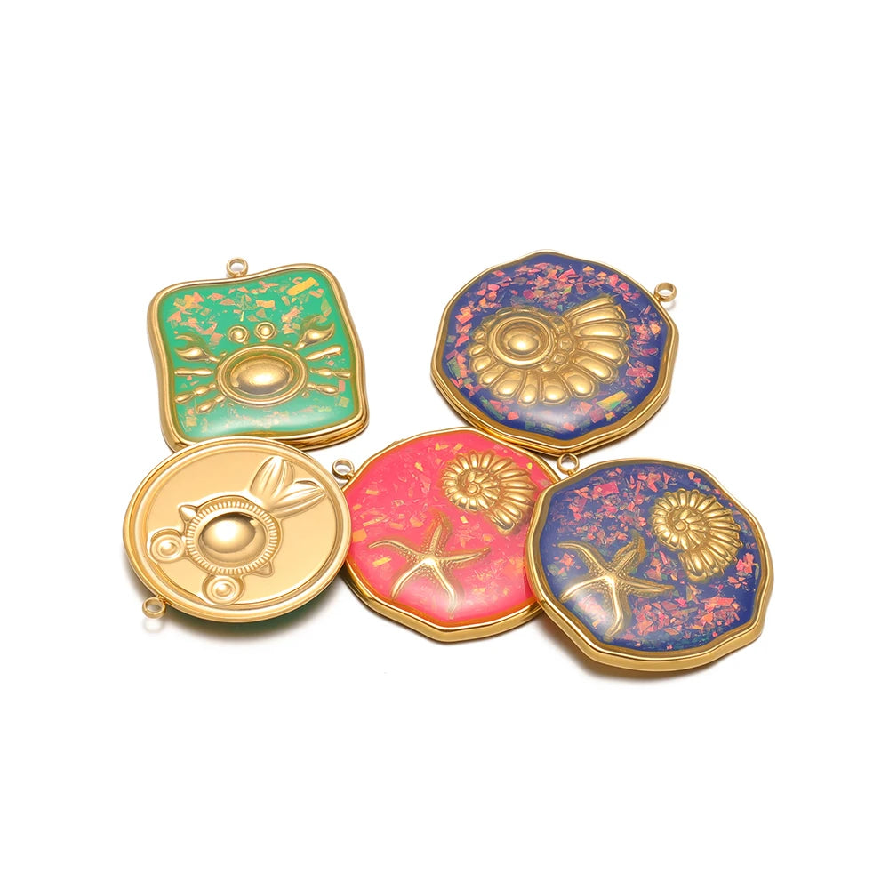 French Retro Stainless Steel 18k Gold Plated One Side Enamel Owl Starfish Conch Charm Pendant for DIY Jewelry Necklace Making
