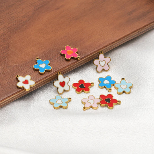 Trend 18k Gold Plated Stainless Steel Colorful  Enamel Flower Charm Pendant for DIY Jewelry Making Accessories