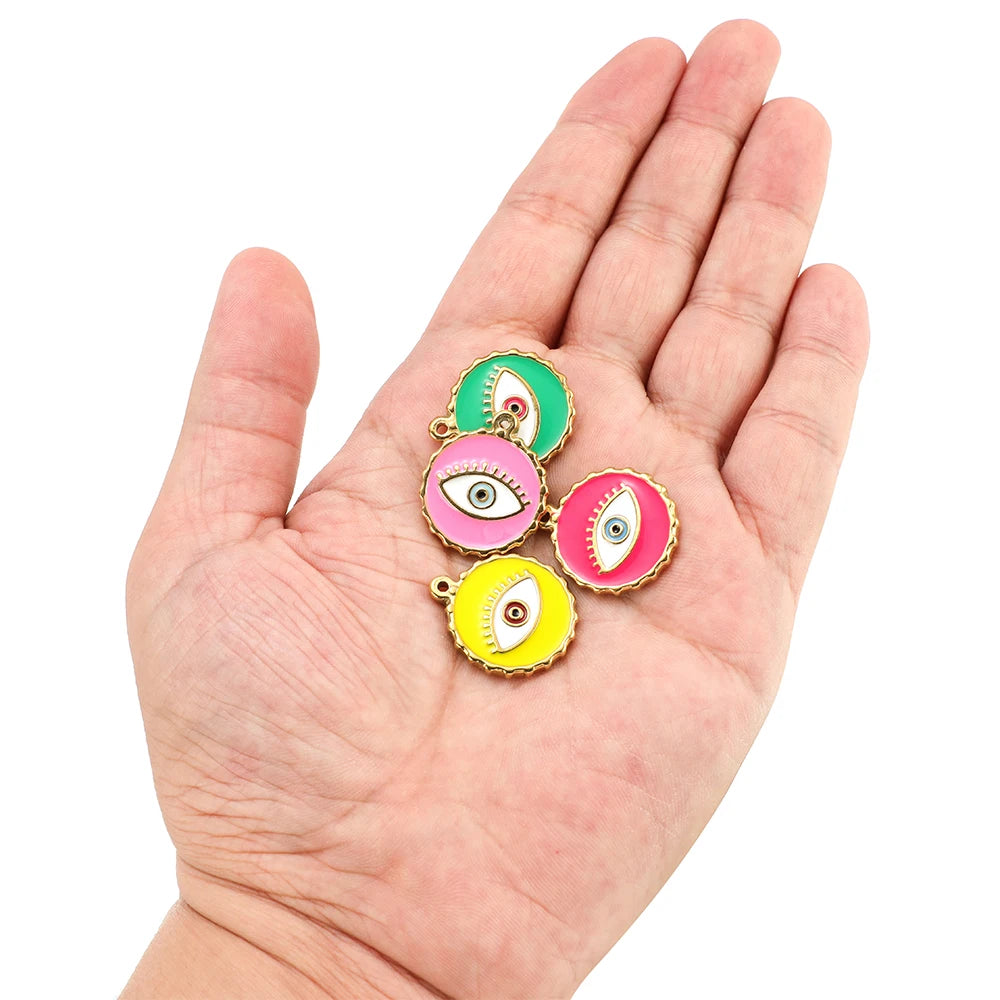 French Drop Oil  Eye Pendant Stainless Steel Gold Plated Colored Coin Shape Enamel Eyes Charm Pendant for Jewelry Making