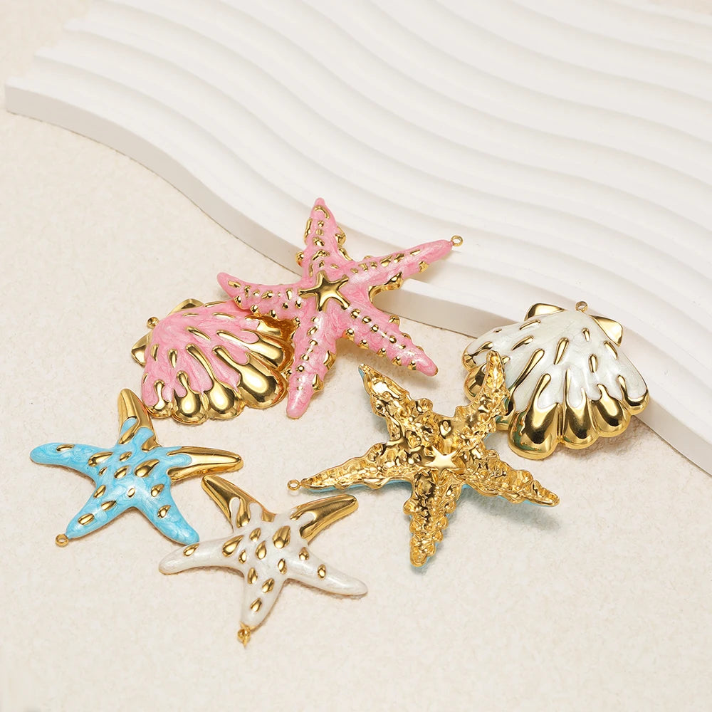 New Ocean Themed Stainless Steel 18k Gold Plated Enamel Shell Starfish Charm Pendant for Diy Jewelry Making Wholesale