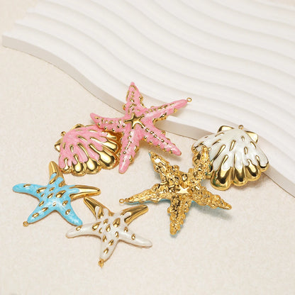 New Ocean Themed Stainless Steel 18k Gold Plated Enamel Shell Starfish Charm Pendant for Diy Jewelry Making Wholesale