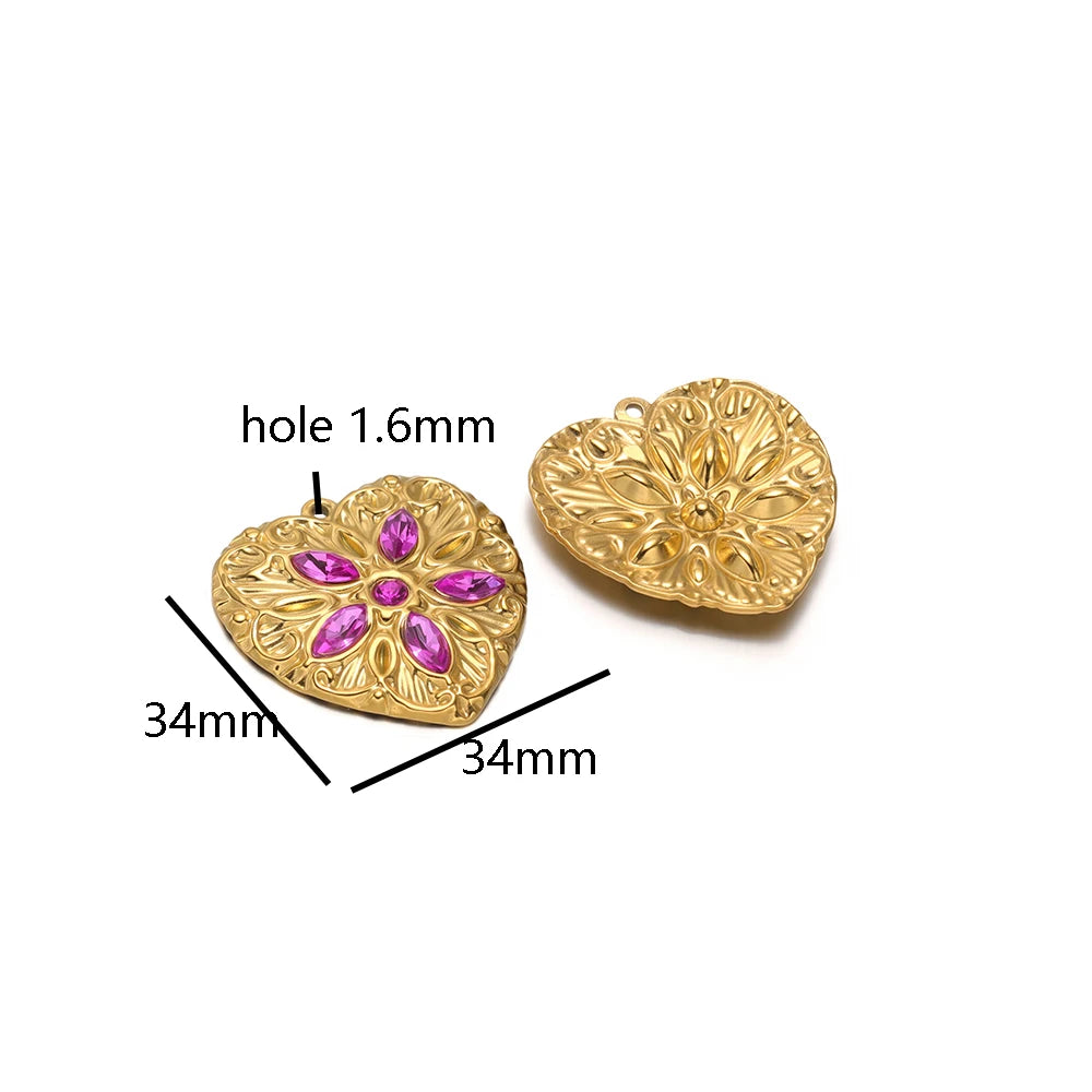 Heart Shaped Charm18k Gold Plated Stainless Steel Five-petaled Flowers Zircon Pendant for DIY Necklace Jewelry Making