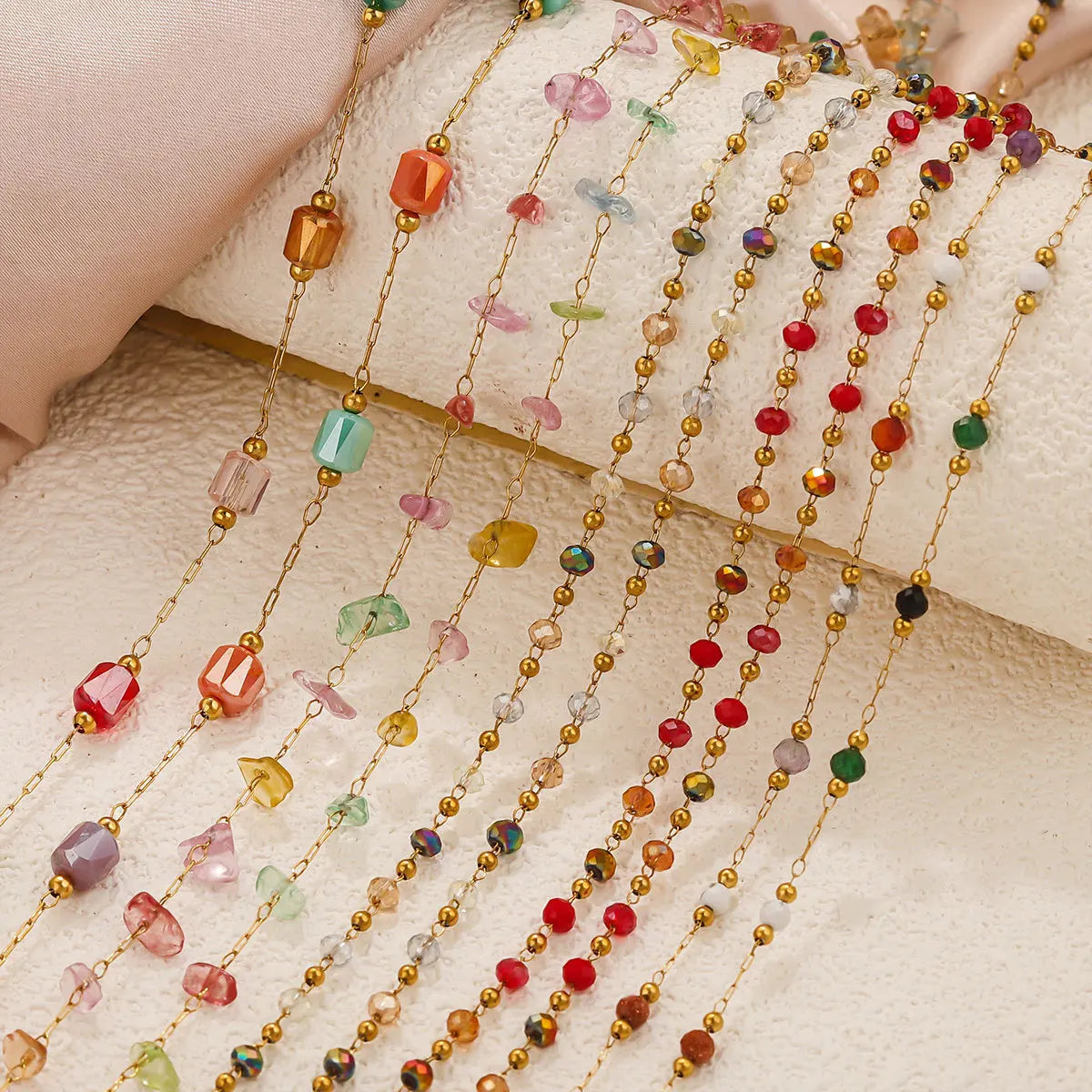 E545 New Stainless Steel 18K Gold Plated Preserving Crystal Colored Bead Chain Handmade Bracelet Necklace Glasses Chain