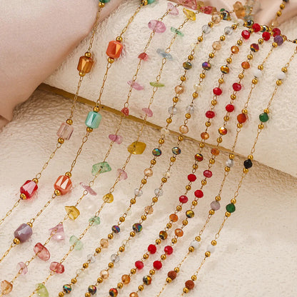 E545 New Stainless Steel 18K Gold Plated Preserving Crystal Colored Bead Chain Handmade Bracelet Necklace Glasses Chain