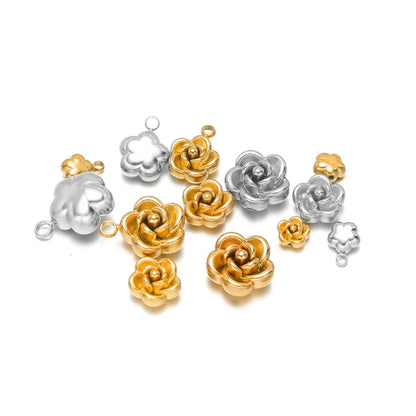 Retro Design 18k Gold Plated Stainless Steel Rose Bead Pendant Flower Charm Pendant for Bracelet Necklace Jewelry Making