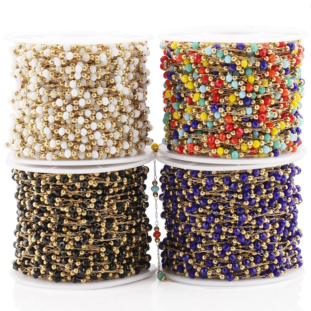 A713 Luxury Colorful Beads Beaded Chain,crystal Rosary Stainless Steel Chain for Necklace Bracelet Jewelry Making DIY