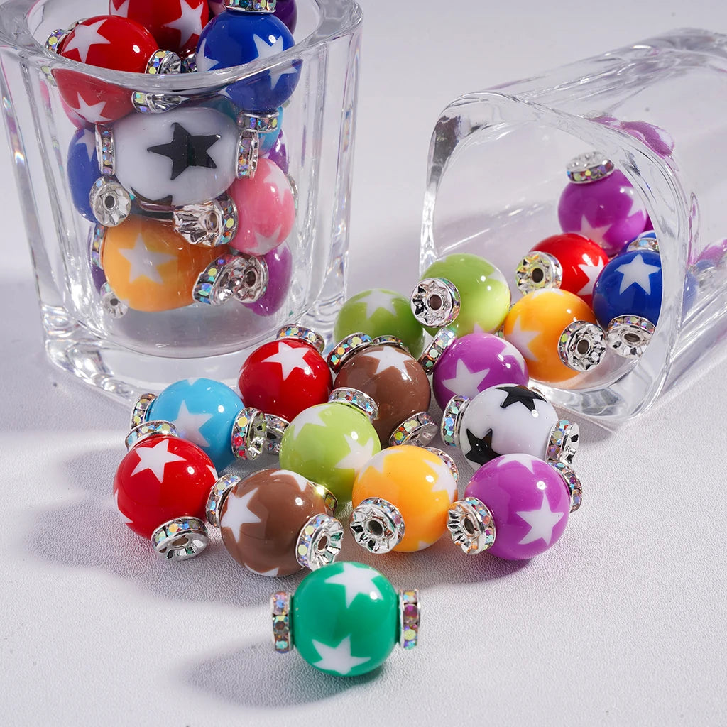 16mm Multi-color Star Prints Acrylic Beads with Silver Alloy Spacer for Trendy DIY Fashion Jewelry Crafting