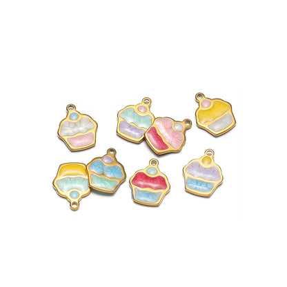 Cute Ins Colorful Enamel 18k Gold Plated Stainless Steel Cupcake Charm Pendant for Handmade Necklace Jewelry Making