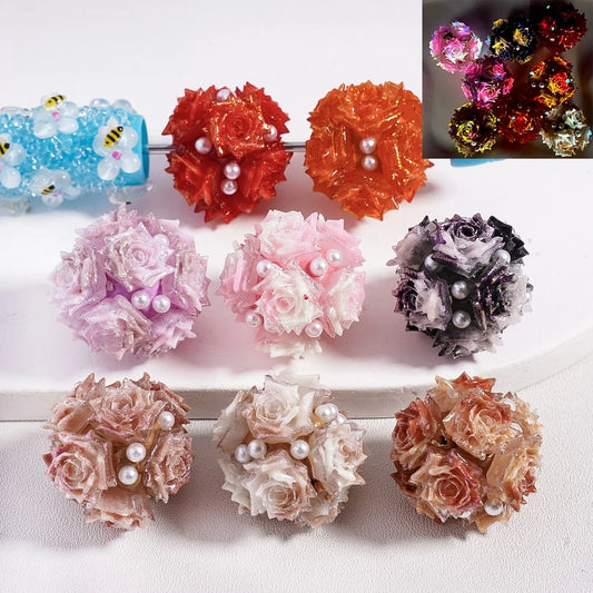 Luminous Glitter Rose Flower 20mm Clay Beads with Pearl for Beadable Pens Jewelry Making