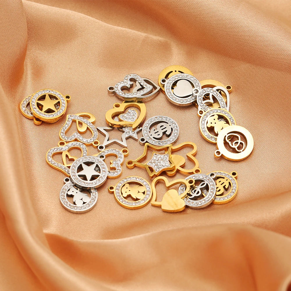 Handmade DIY Pendant 18k Gold Plated Stainless Steel Heart Star Zircon Charm Pendant for Women Jewelry Making Accessories