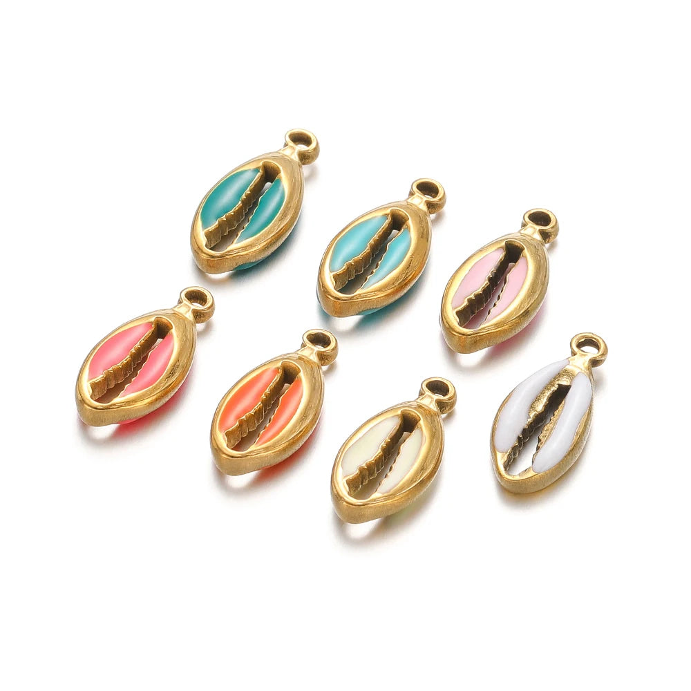 Hot Sale Retro Stainless Steel Gold Plated Colorful Drip-oil Conch Shell Starfish Charm Pendant for Jewelry Making Accessories