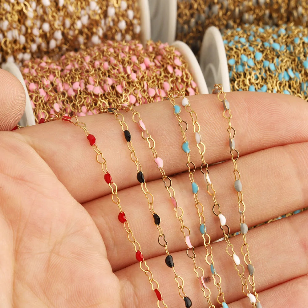 Fashion Hollowed Heart Connector Enamel Chain Stainless Steel Heart Oil Drip Charm Roller Chains for Making Necklace Bracelet