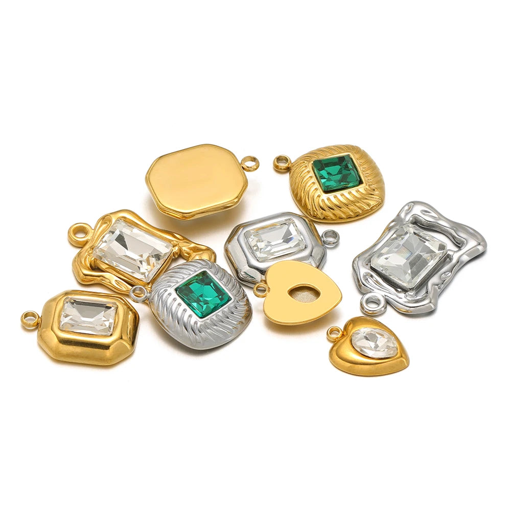 High Quality 18k Gold Plated Stainless Steel Rectangle Heart Oval square Zircon Charm Pendant for DIY Jewelry Making