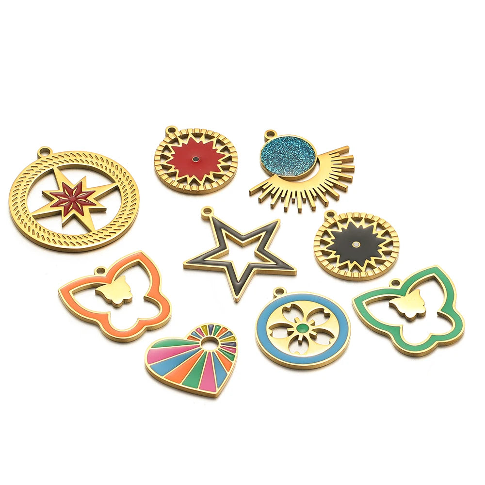 French Vintage Stainless Steel Gold Plated Dripping Oil Hollow Sun Star Butterfly Flower Charm Pendant for Jewelry Making