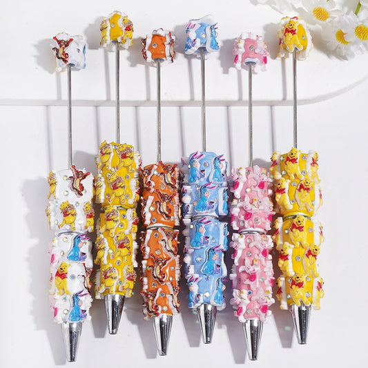 Beadable Clay Pens with Cute Donkey Tiger Bear Pig Character Series and AB Rhinestone for Beaded Pen Craft & Pen Ornament Bulk