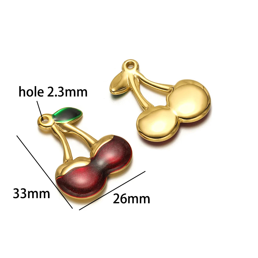 Lovely Fruit Charms 18k Gold Plated Stainless Steel Enamel Cherry Strawberry Zircon Charm Pendant for DIY Jewelry Making