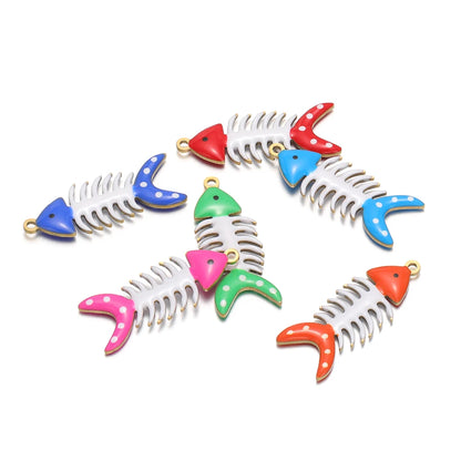 No Tarnish 18k Gold Plated Stainless Steel Small Enamel Fishbone Charm Pendant for Jewelry Necklace Making Accessories