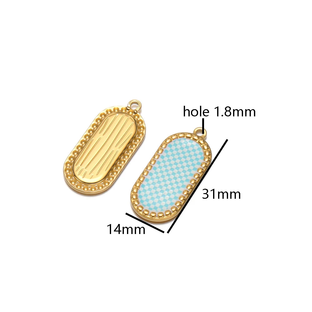 Wholesale Stainless Steel 18k Gold Plated Enamel Oval Gridding Charms Pendant for Diy Jewelry Necklace Making
