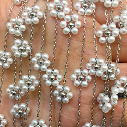 B3532 Freshwater Pearl Flower Charms Chain Stainless Steel Rosary Chain Bulk Jewelry Accessory Diy