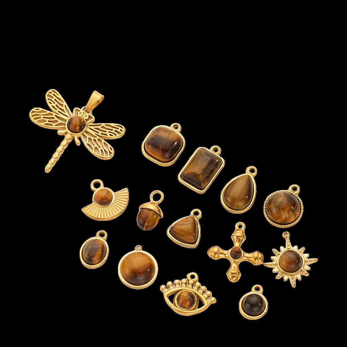 Vintage Handmade DIY Stainless Steel Gold Plated Tiger Eye Stone Charm Pendant for Necklace Jewelry Making