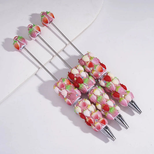 3D Strawberry Rhinestone Beadable Clay Pens Cute Fruit Style DIY Beaded Ballpoint Pen