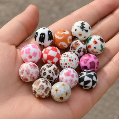 100PCS 15mm Silicone Round Printed Beads 2mm Hole Colorful Pattern Loose Beads for Bracelet Necklace DIY Jewelry Craft Making