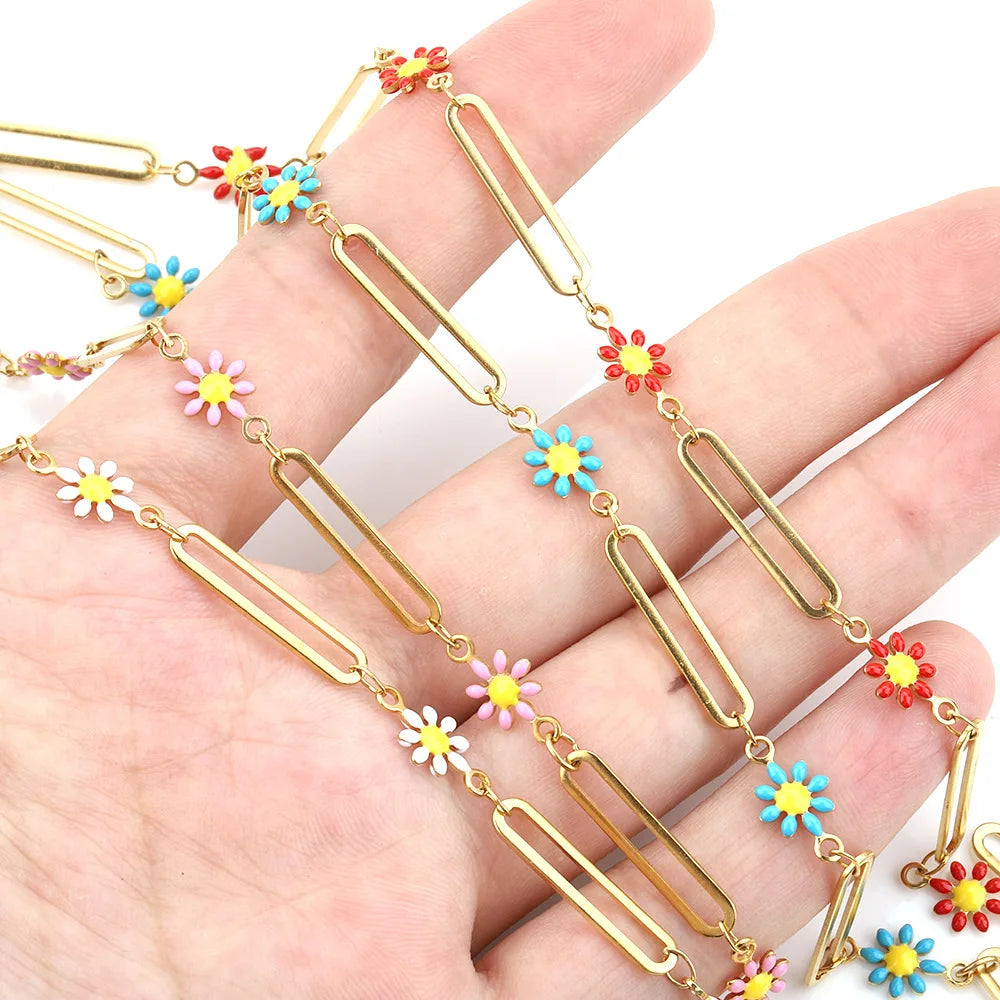 B1587 Paper Clip Daisy Enamel Chain Ins Stainless Steel Chain Jewelry Chain for Necklace Diy