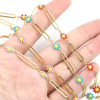 B1587 Paper Clip Daisy Enamel Chain Ins Stainless Steel Chain Jewelry Chain for Necklace Diy