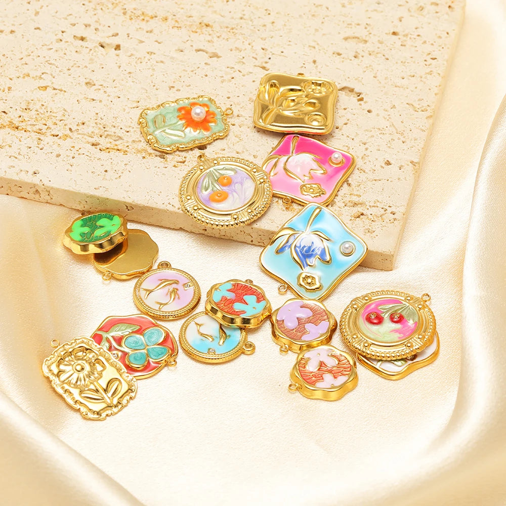Exquisite Oil Drop Painted Flower Charm 18k Gold Plated Stainless Steel Enamel Round Square Pendant for Necklace Jewelry Making