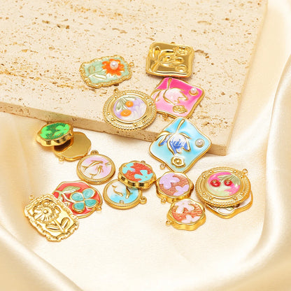 Exquisite Oil Drop Painted Flower Charm 18k Gold Plated Stainless Steel Enamel Round Square Pendant for Necklace Jewelry Making