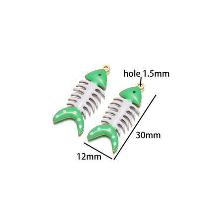 No Tarnish 18k Gold Plated Stainless Steel Small Enamel Fishbone Charm Pendant for Jewelry Necklace Making Accessories