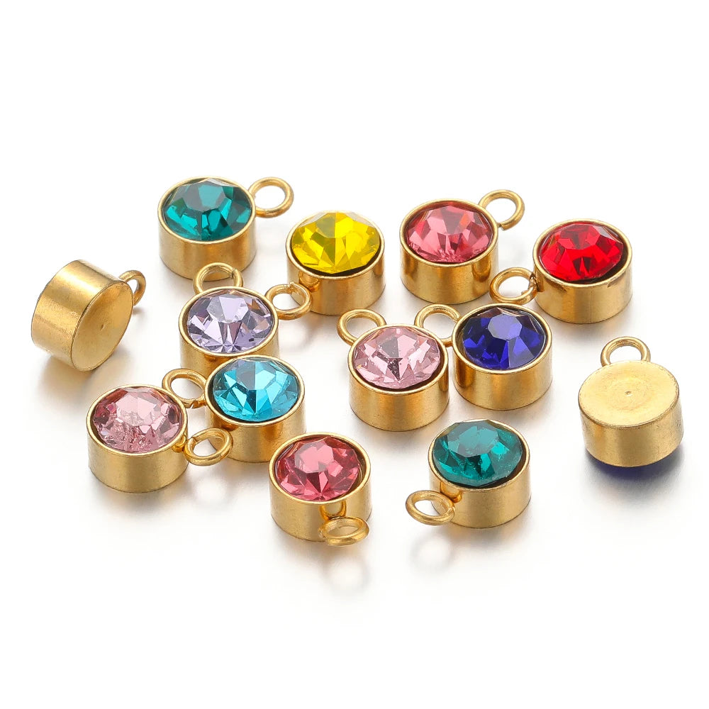 Wholesale 304 Stainless Steel 18k Gold Plated Birthstone Pendant 6mm Colorful Zircon for DIY Jewelry Necklace Making Accessories