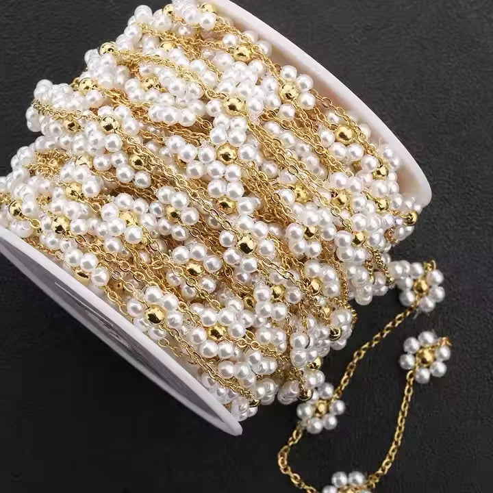 18k Gold Plated Flower Stainless Steel Chain Fresh Water Daisy Pearl Beads Chain for Necklace Bracelet Jewelry