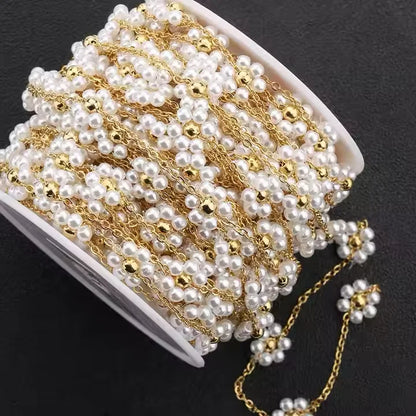 18k Gold Plated Flower Stainless Steel Chain Fresh Water Daisy Pearl Beads Chain for Necklace Bracelet Jewelry