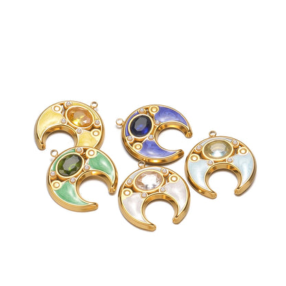 18K Gold Plated 24*22mm Wide Hollow Moon Single-Sided Oil Dripping Point Color Diamond Pearl 1.5mm Single-Hole Light Green