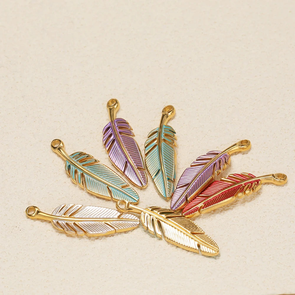 Fashion Stainless Steel 18k Gold Plated Enamel Feather Charm Pendant for Diy Necklace Jewelry Making Wholesale