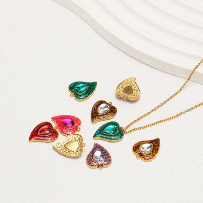 New Fashion Stainless Steel 18k Gold Plated Enamel Heart Zircon Charm Pendant for Diy Jewelry Making Wholesale