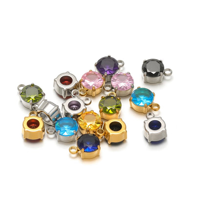 5pcs/bag Stainless Steel 18k Gold Plated 8*6mm Round Zircon Charm Pendant for Diy Necklace Jewelry Making Accessories