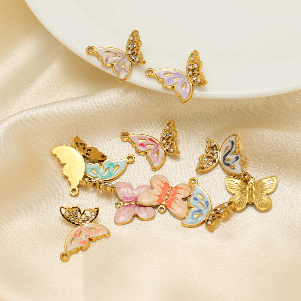 New  Fashion 18k Gold Plated Stainless Steel Enamel Butterfly Charm Pendant for DIY Necklace Jewelry Making  Accessories