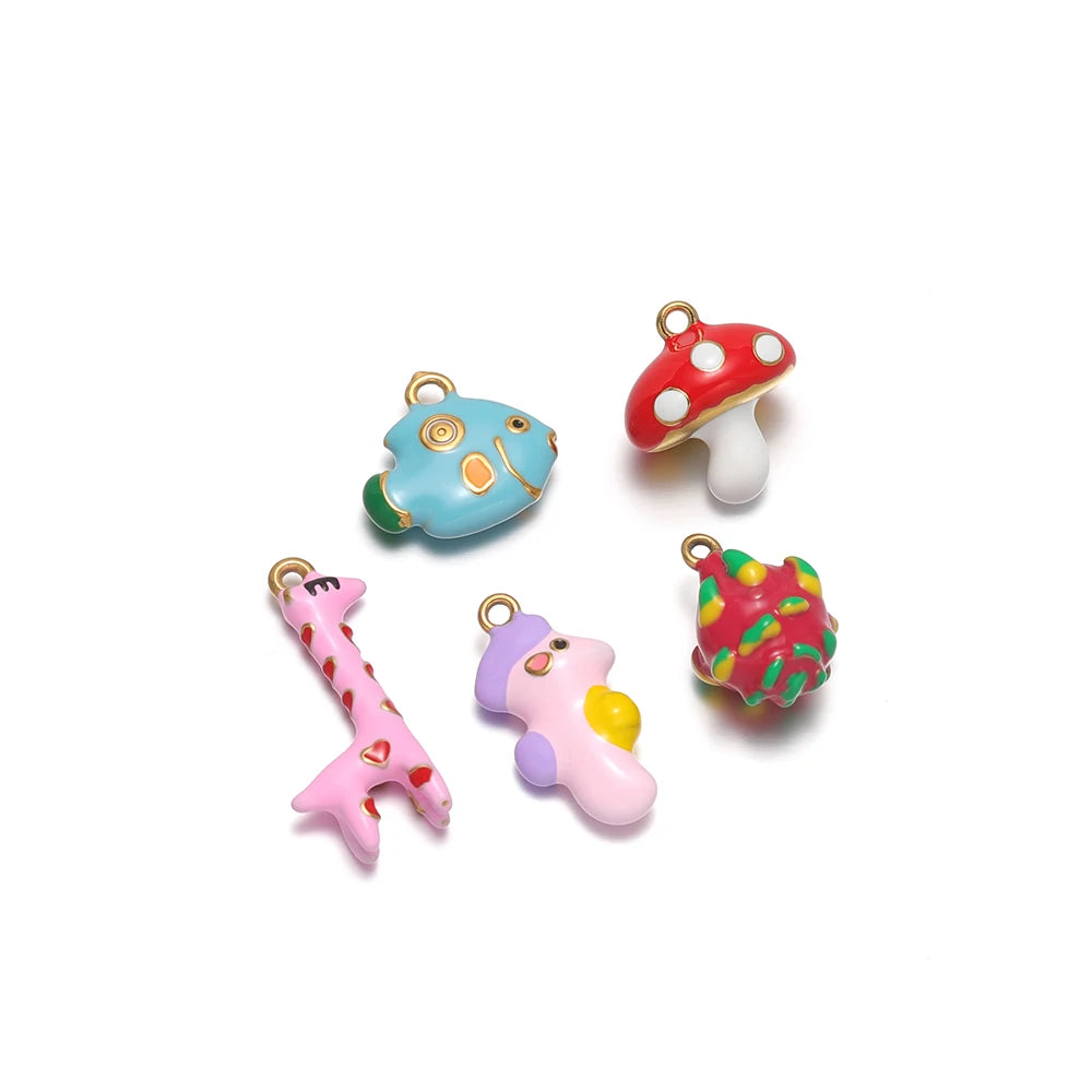 Giraffe Drip Oil DIY Charm Stainless Steel 18k Gold Plated Dragon Fruit Mushroom Pendant for Jewelry Necklace Making